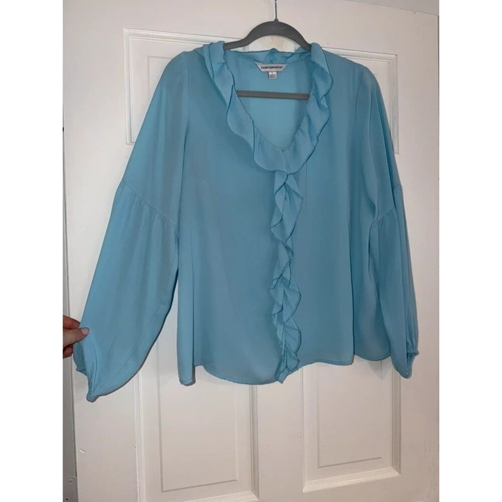 women’s light blue counterparts v neck ruffled blouse